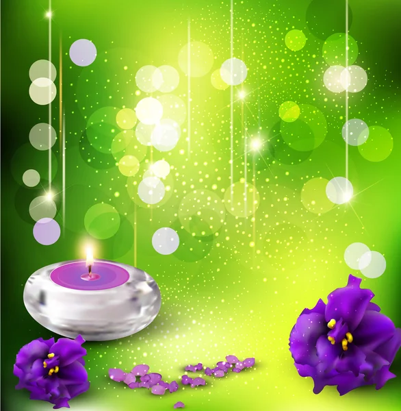Fond vectoriel avec violettes et bougies romantiques sur un b vert — Image vectorielle