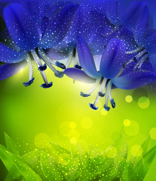 Vektör romantik arka plan üzerinde yeşil bir backgrou mavi çiçekli — Stok Vektör