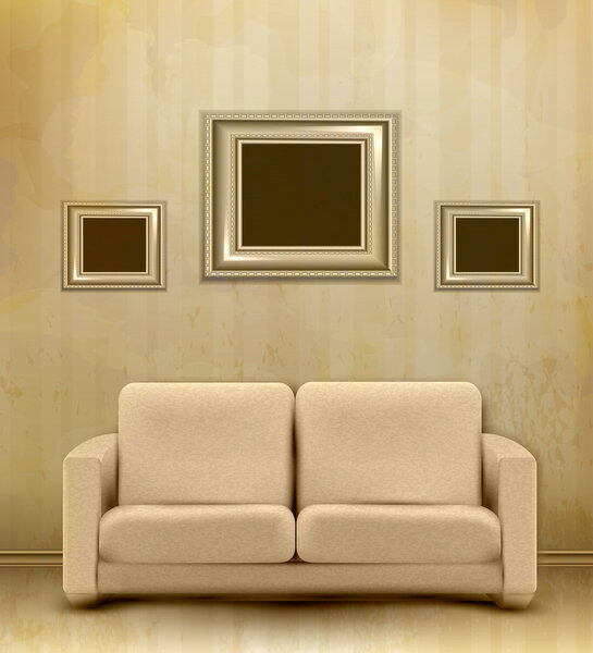 Vector vintage retro interior with sofa and three frames for pic