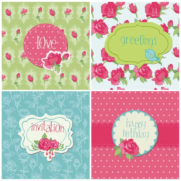 Reeks van kleurrijke kaarten met rozenelementen - voor verjaardag, bruiloft — Stockvector