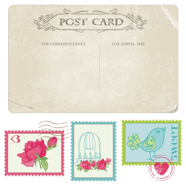 Cartolina vintage e francobolli postali - per la progettazione di matrimoni — Vettoriale Stock
