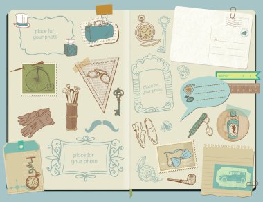 scrapbook tasarım elemanları - beyler Aksesuar doodle koleksiyonu - elle çizilmiş vektör