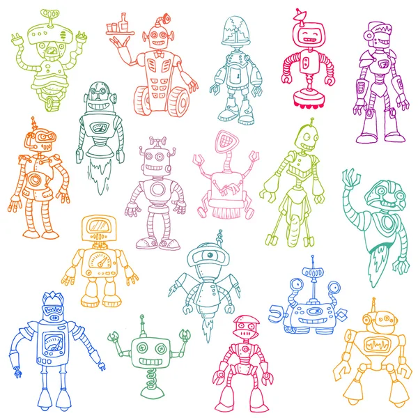 Robotlar çizilmiş doodle set - karalama defteri veya tasarım v el — Stok Vektör
