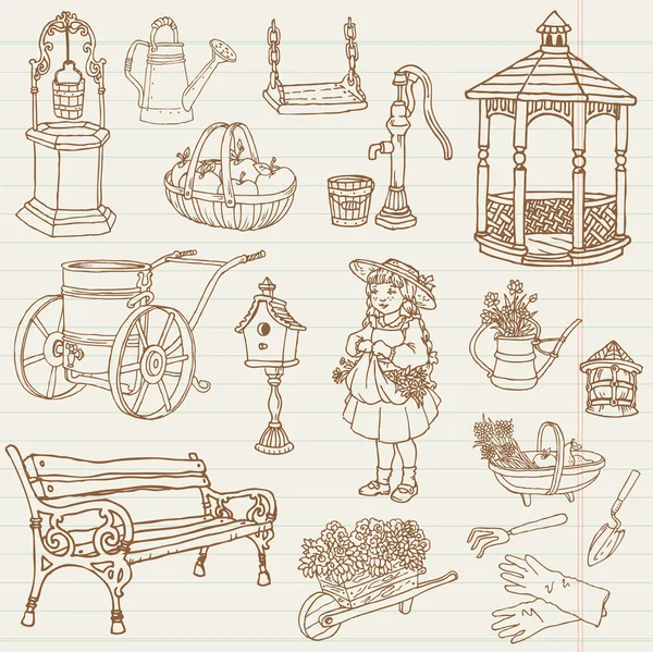 Doodles dessinés à la main de jardinage pour scrapbook, design en vecteur — Image vectorielle