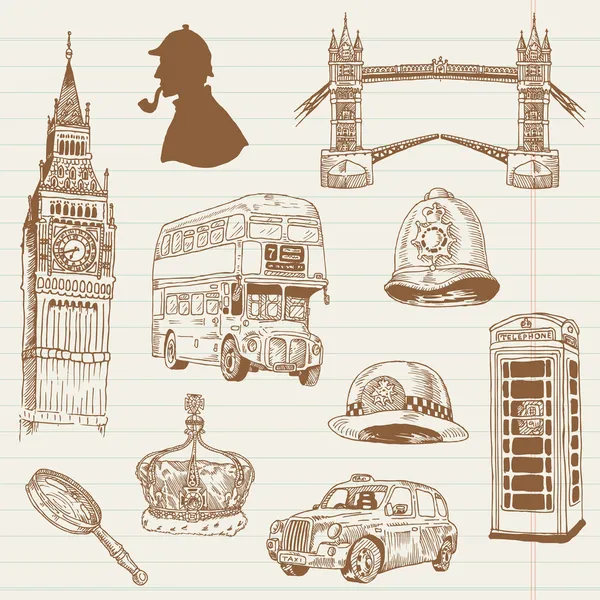 Set van Londen doodles - voor ontwerp en Plakboek - hand getrokken — Stockvector