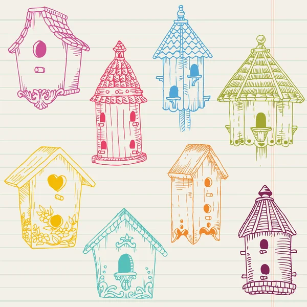 Cute Bird House Doodles - рисунок вручную в векторе - для дизайна — стоковый вектор