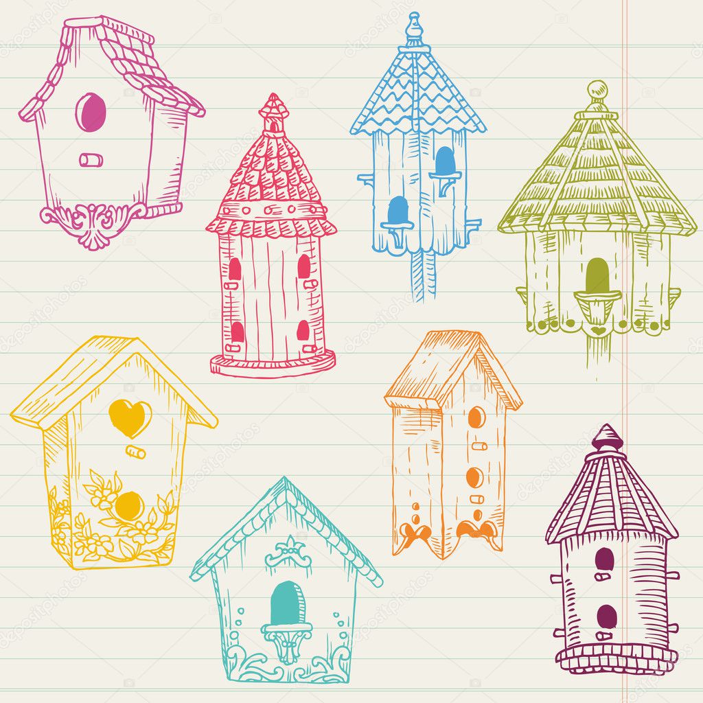 Cute Bird House Doodles - hand drawn in vector - for design