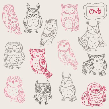 Various Owl Doodle Collection - hand drawn - in vector clipart