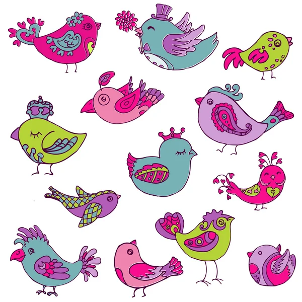 Colorful Birds Doodle Collection - hand drawn in vector - for de — Stock Vector