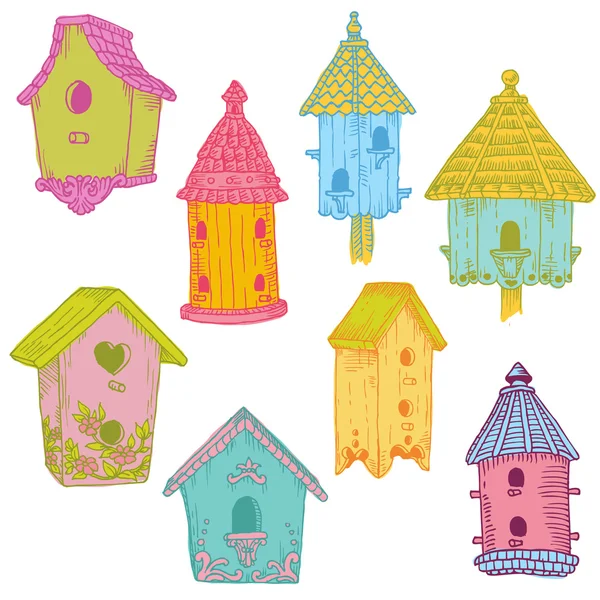 Красочные птичьи домики - нарисованные вручную векторные - для альбомов — стоковый вектор