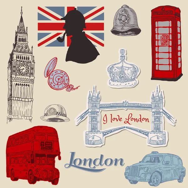 设置的伦敦涂鸦-为设计和剪贴簿-向量中 — 图库矢量图片