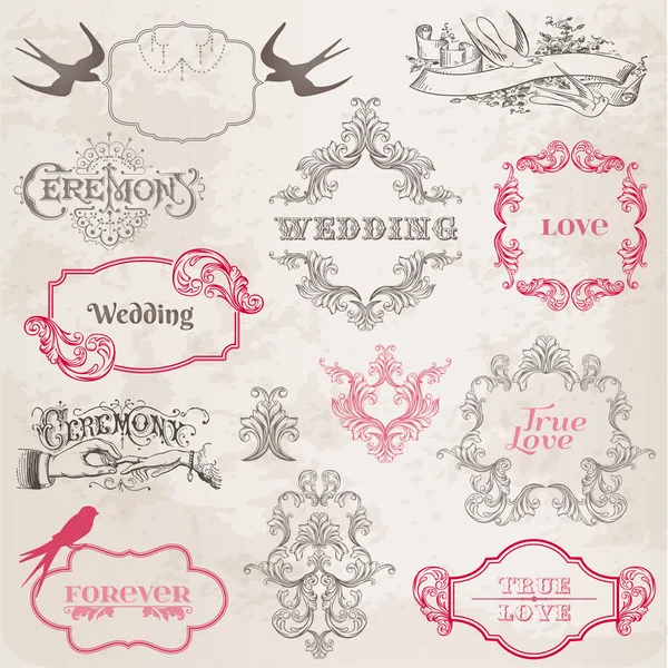 婚礼复古框架和设计元素-向量中 — 图库矢量图片