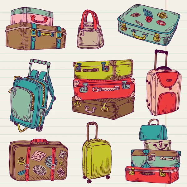 Zestaw vintage kolorowe walizki - projekt i notatnik — Wektor stockowy