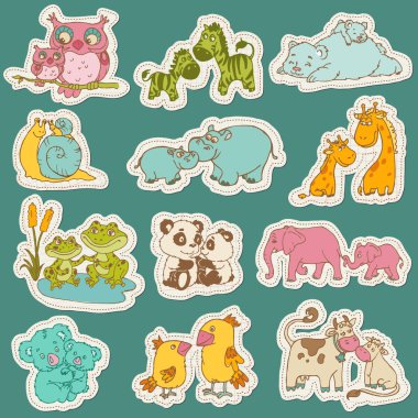 Baby and Mommy Animal Set on paper tags - for design clipart