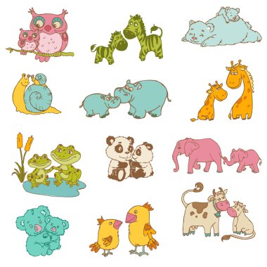 Baby and Mommy Animals - hand drawn - in vector clipart