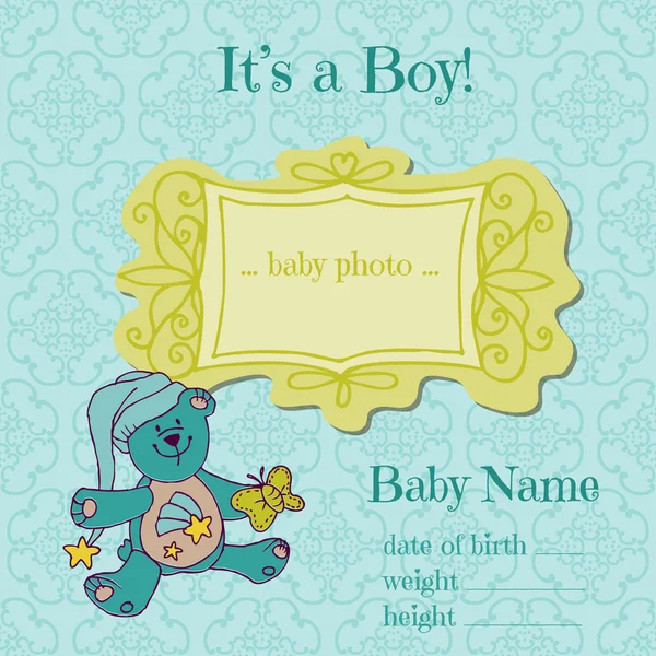 Cartão de chegada do menino com moldura de foto - no vetor — Vetor de Stock