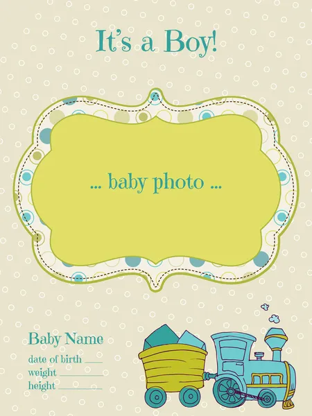 Tarjeta de llegada de Baby Boy con marco de fotos - en vector — Vector de stock