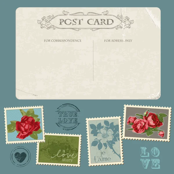 Pocztówka starodawny ze znaczkami kwiat - zaproszenie — Wektor stockowy