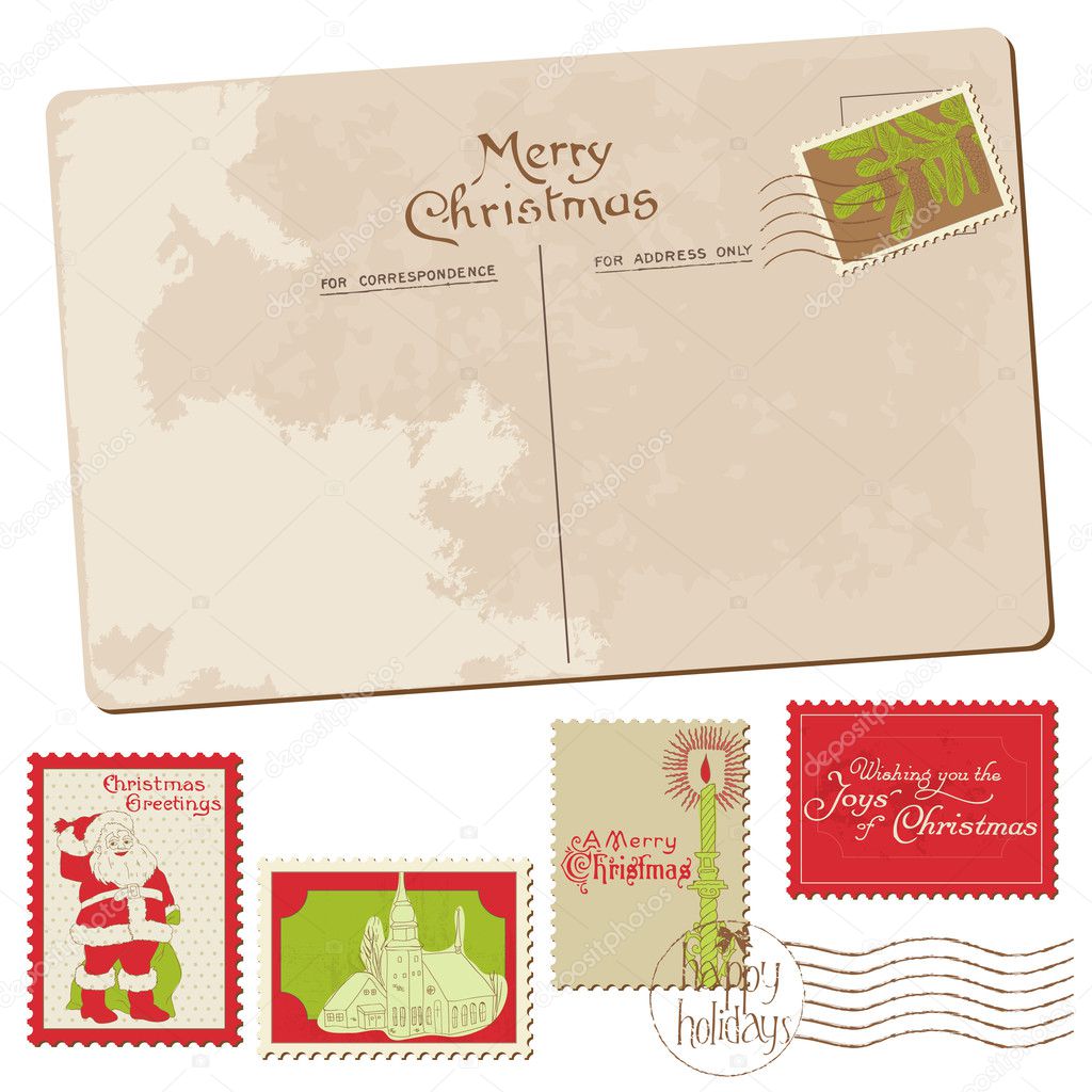 Vintage Christmas Postcard with Stamps - for scrapbook, design