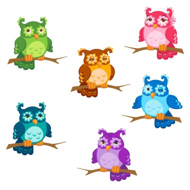 Set of cute six cartoon owls with various emotions in vector clipart