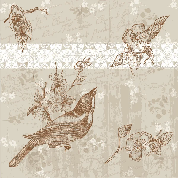 Cartão floral bonito com pássaro no vetor — Vetor de Stock
