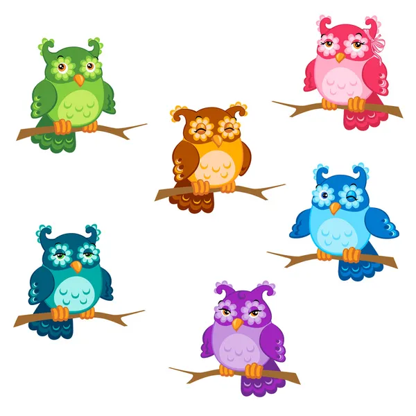 Verzameling van cute zes cartoon uilen met verschillende emoties in vector — Stockvector