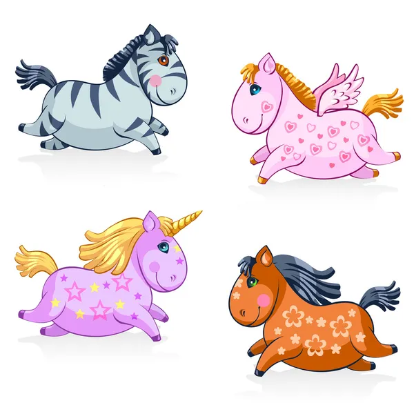 Gran conjunto de lindos caballos mágicos y unicornios - en vector — Vector de stock