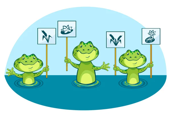 Eco illustration of green frogs, holding signs in vector — Stock Vector
