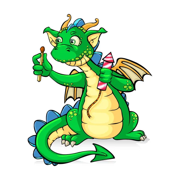 Funnyl green dragon holding fireworks - in vector — Stock Vector