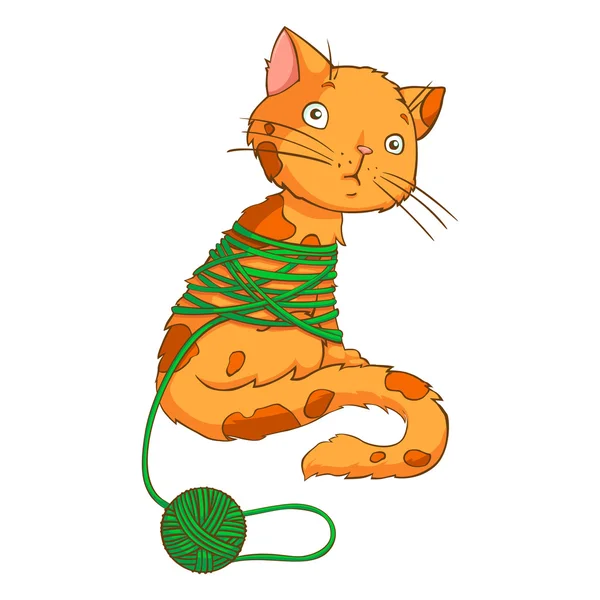 Cartoon katt leker med tråd på vit bakgrund - vektor — Stock vektor