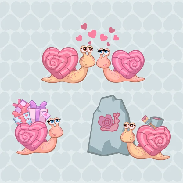 Valentines Day Illustration Set dengan Funny Snails - untuk kartu pos Anda - Stok Vektor
