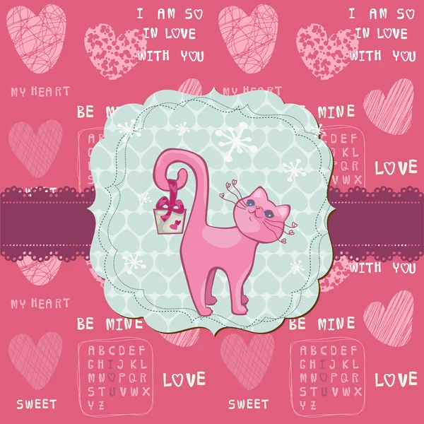 Cartão de amor bonito com Cat-para dia dos namorados, saudações, scrapbook no vetor — Vetor de Stock