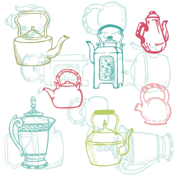 在向量中的茶壶涂鸦的美丽背景 — 图库矢量图片