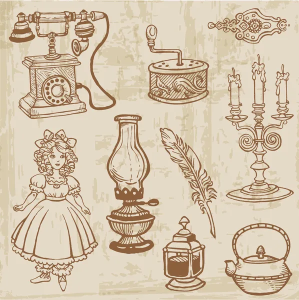 Conjunto de varios elementos de Doodle Vintage dibujado a mano en el vector — Archivo Imágenes Vectoriales
