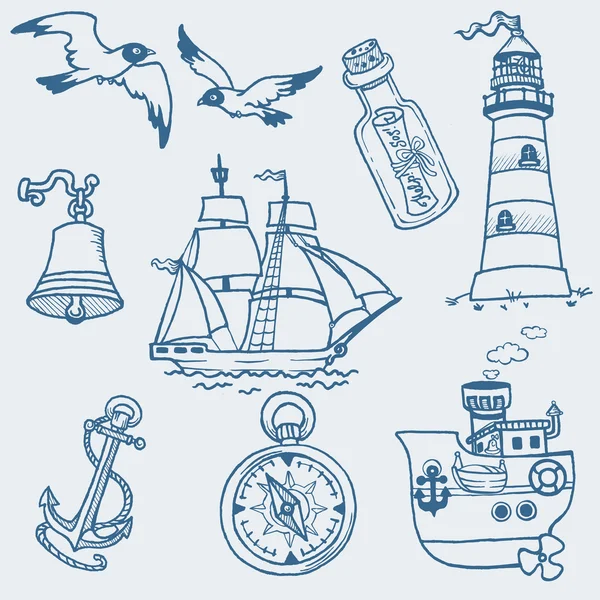 Nautical doodles - Hand drawn collection in vector — Stock Vector