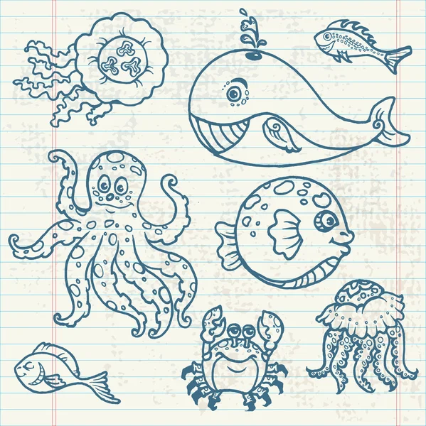 Doodles de vida marinha - Coleção desenhada à mão em vetor — Vetor de Stock
