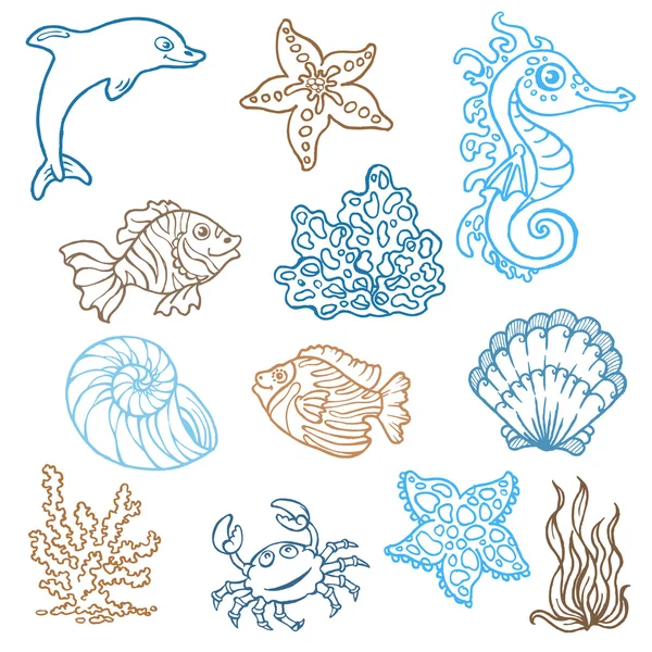 Garabatos de la vida marina - Colección dibujada a mano en vector — Vector de stock