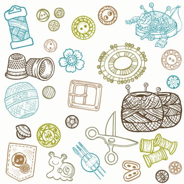 Sewing Kit Doodles - hand drawn design elements in vector clipart