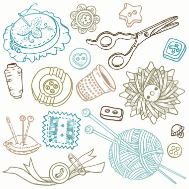 Sewing Kit Doodles - hand drawn design elements in vector clipart