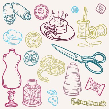 Sewing Kit Doodles - hand drawn design elements in vector clipart