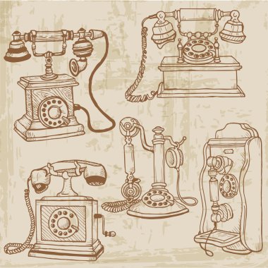 Set of Vintage Telephones - hand drawn in vector clipart