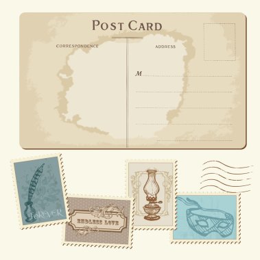 Vintage Postcard and Postage Stamps - for wedding design, invita clipart