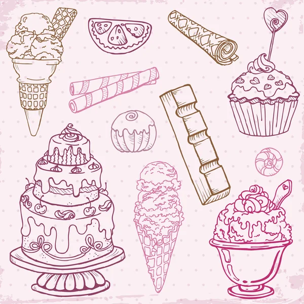Ensemble de gâteaux, bonbons et desserts - dessinés à la main dans le vecteur — Image vectorielle