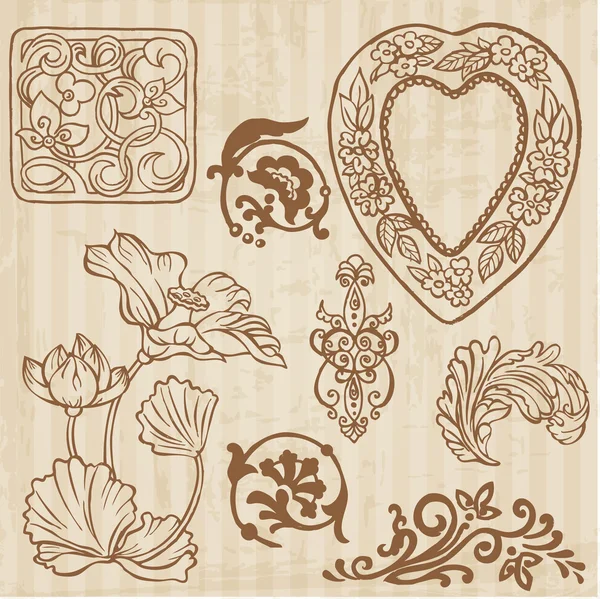 Conjunto de flores vintage y elementos florales dibujado a mano en vecto — Vector de stock