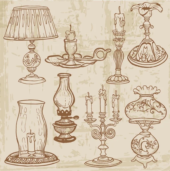 Набір старовинних ламп та свічок - рука намальована вектором — стоковий вектор