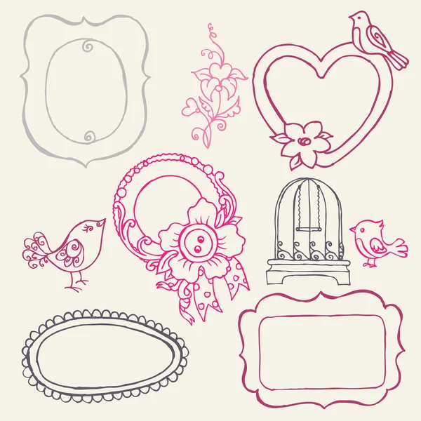Γλυκό doodle πλαίσια με πουλιά και στοιχεία λουλούδι - στο άνυσμα — Διανυσματικό Αρχείο