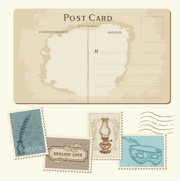 Vintage postcard en postzegels - voor bruiloft ontwerp, invita — Stockvector