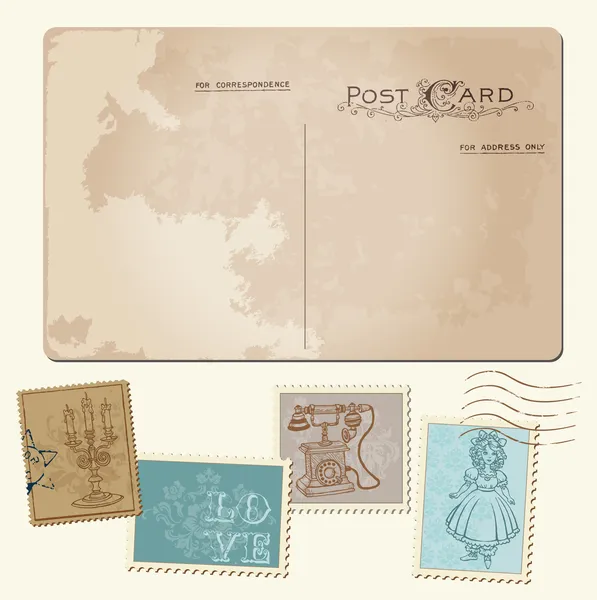 Vintage pohlednice a poštovní známky - svatební design, invita — Stockový vektor