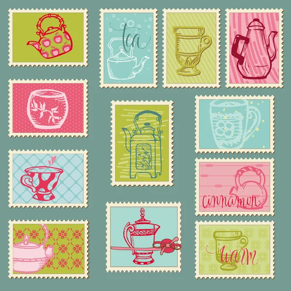 Divertidas teteras y tazas de sellos postales - para diseño, invitación , — Archivo Imágenes Vectoriales