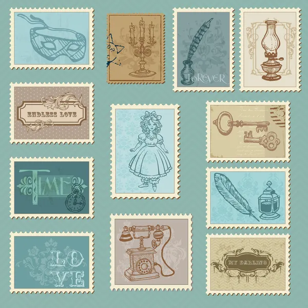 Retro-Briefmarken - für Hochzeitsdesign, Einladung, Gratulation — Stockvektor